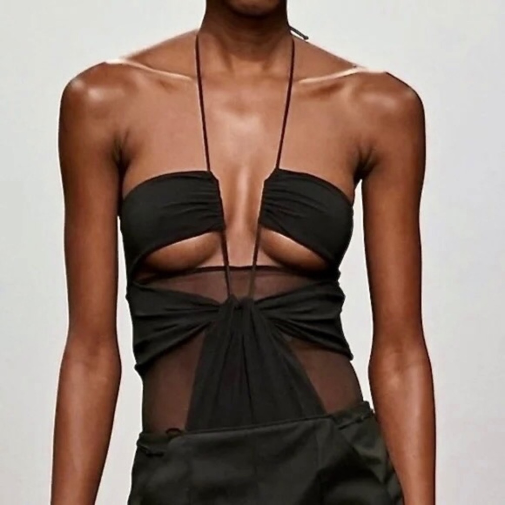 Nensi Dojaka Black Sheer-Paneled Cut-Out Swimsuit / Bodysuit Top Sz Small